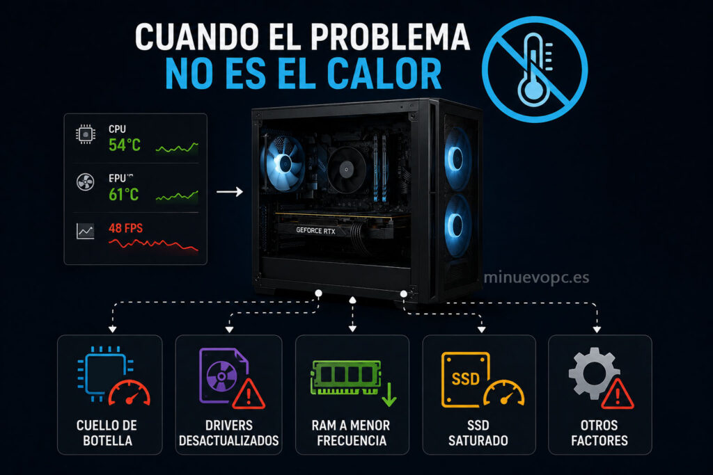 Equipo gaming con temperaturas normales e iconos de CPU, RAM, SSD y drivers que ayudan a identificar otros problemas de rendimiento