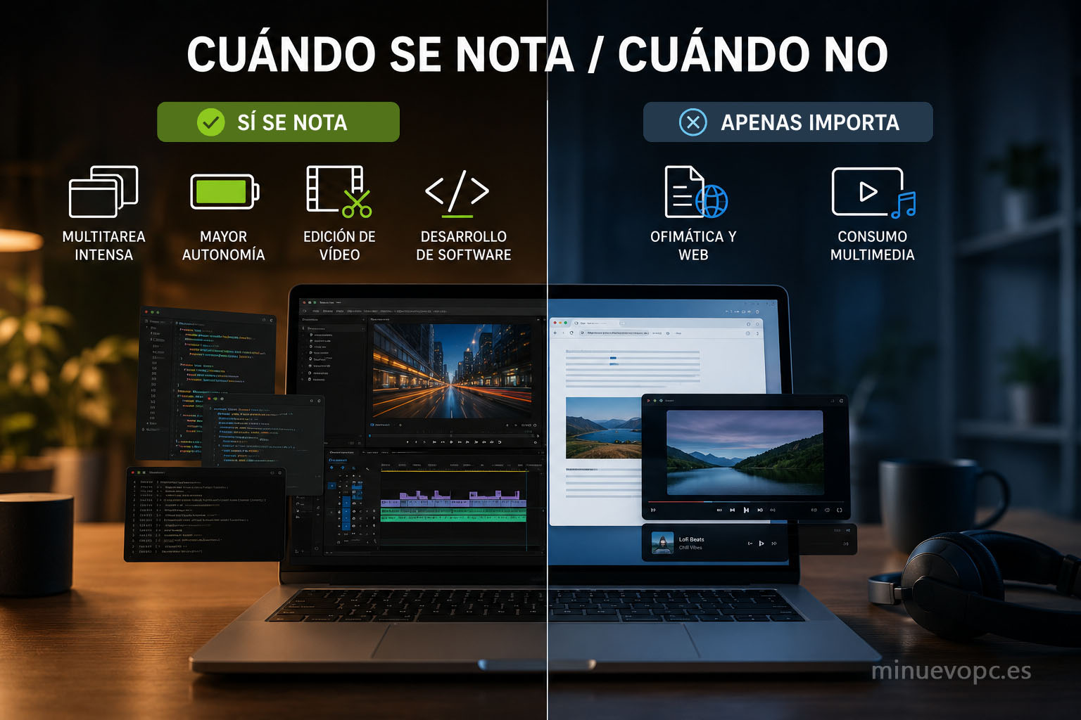 Dos situaciones de uso muestran cuándo la arquitectura híbrida de Intel aporta ventajas reales en multitarea, batería, edición de vídeo y trabajo diario