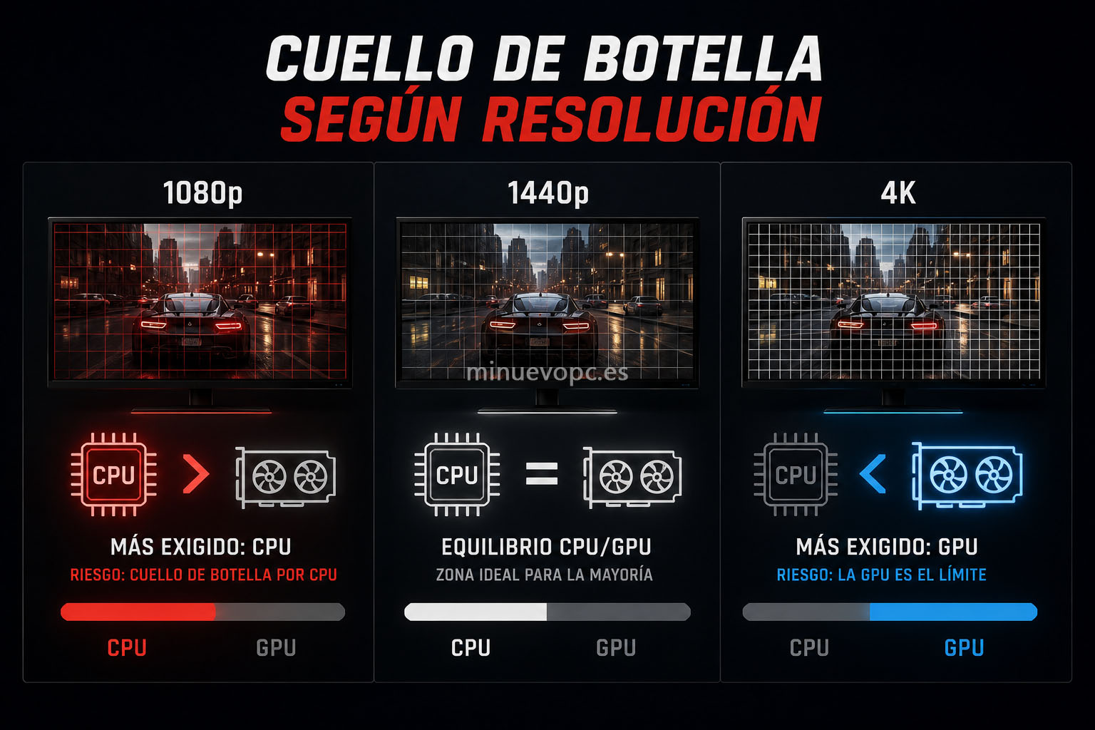 Infografía con comparación entre 1080p, 1440p y 4K mostrando cuándo el cuello de botella depende del procesador o de la gráfica