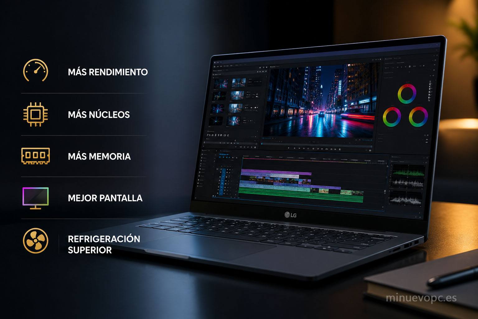 LG Gram Pro sobre un escritorio mostrando el salto de rendimiento, refrigeración y multitarea que ofrece un portátil profesional de gama alta