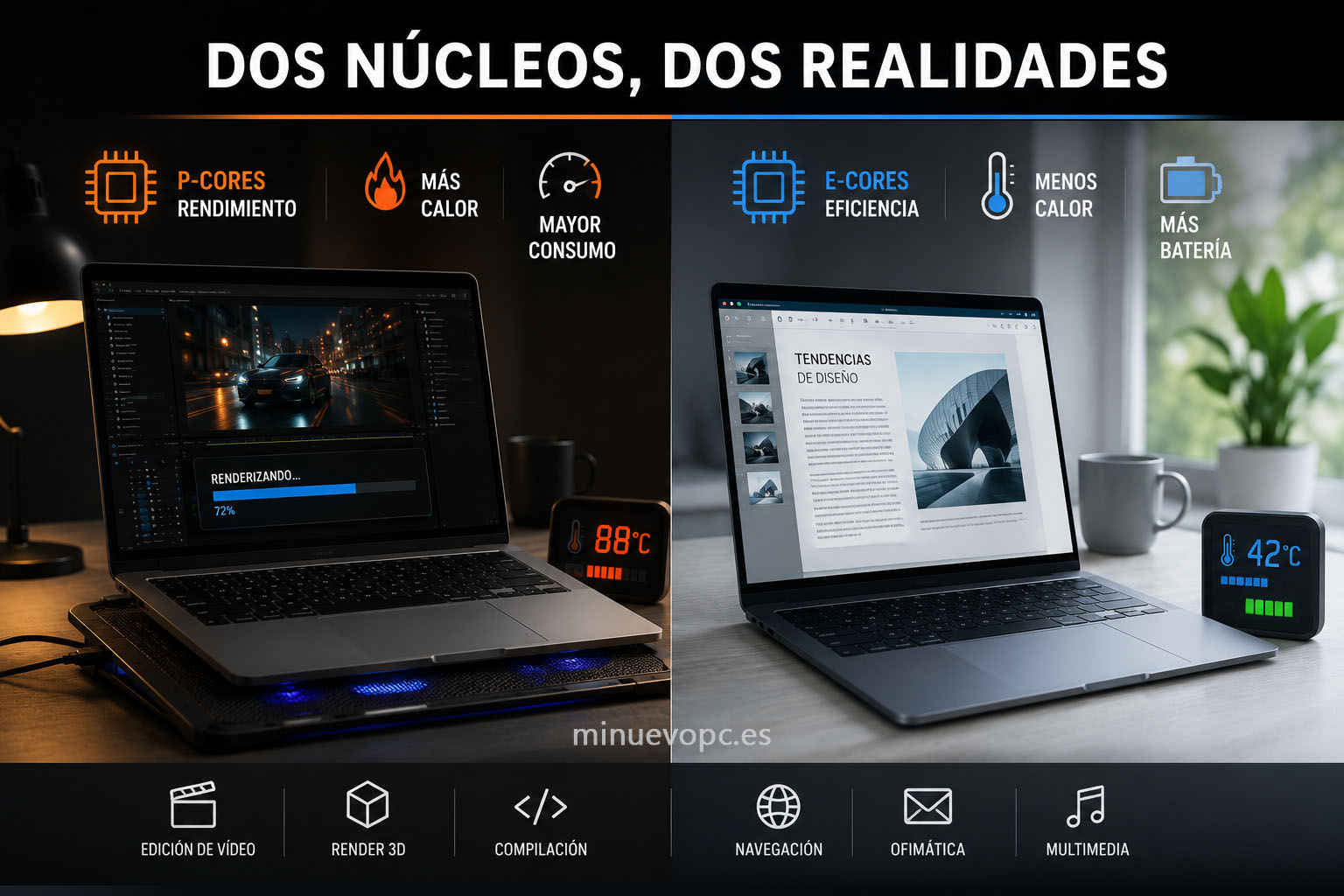 Portátiles Intel enfrentados a distintas cargas para mostrar calor, ventilación, consumo y autonomía