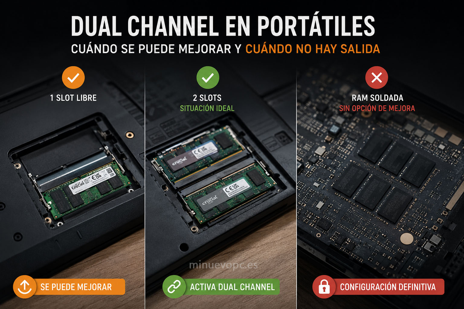 Ilustración mostrando las opciones para ampliar la memoria RAM o mantener la configuración de fábrica según el modelo