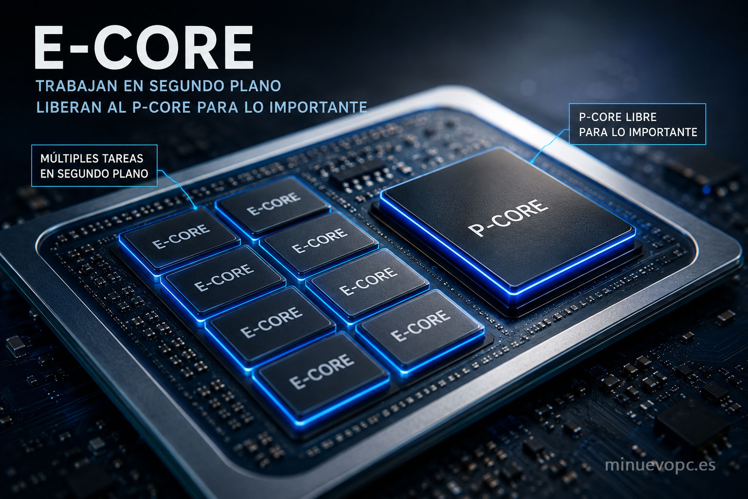E-Core de Intel representado como núcleo eficiente para tareas de fondo y menor consumo energético