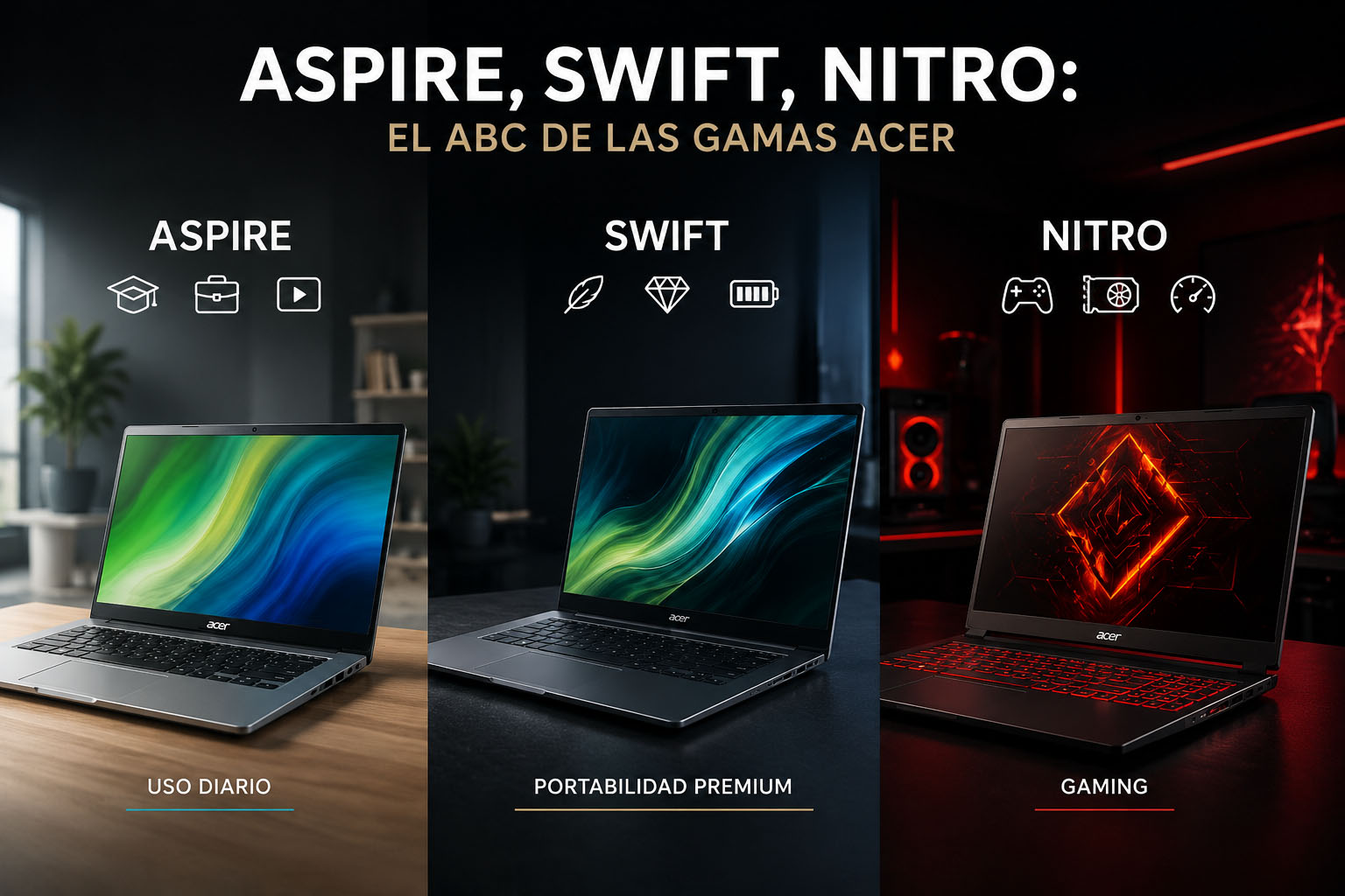 Tres portátiles Acer de las gamas Aspire, Swift y Nitro colocados uno junto a otro mostrando sus diferencias para elegir el modelo adecuado