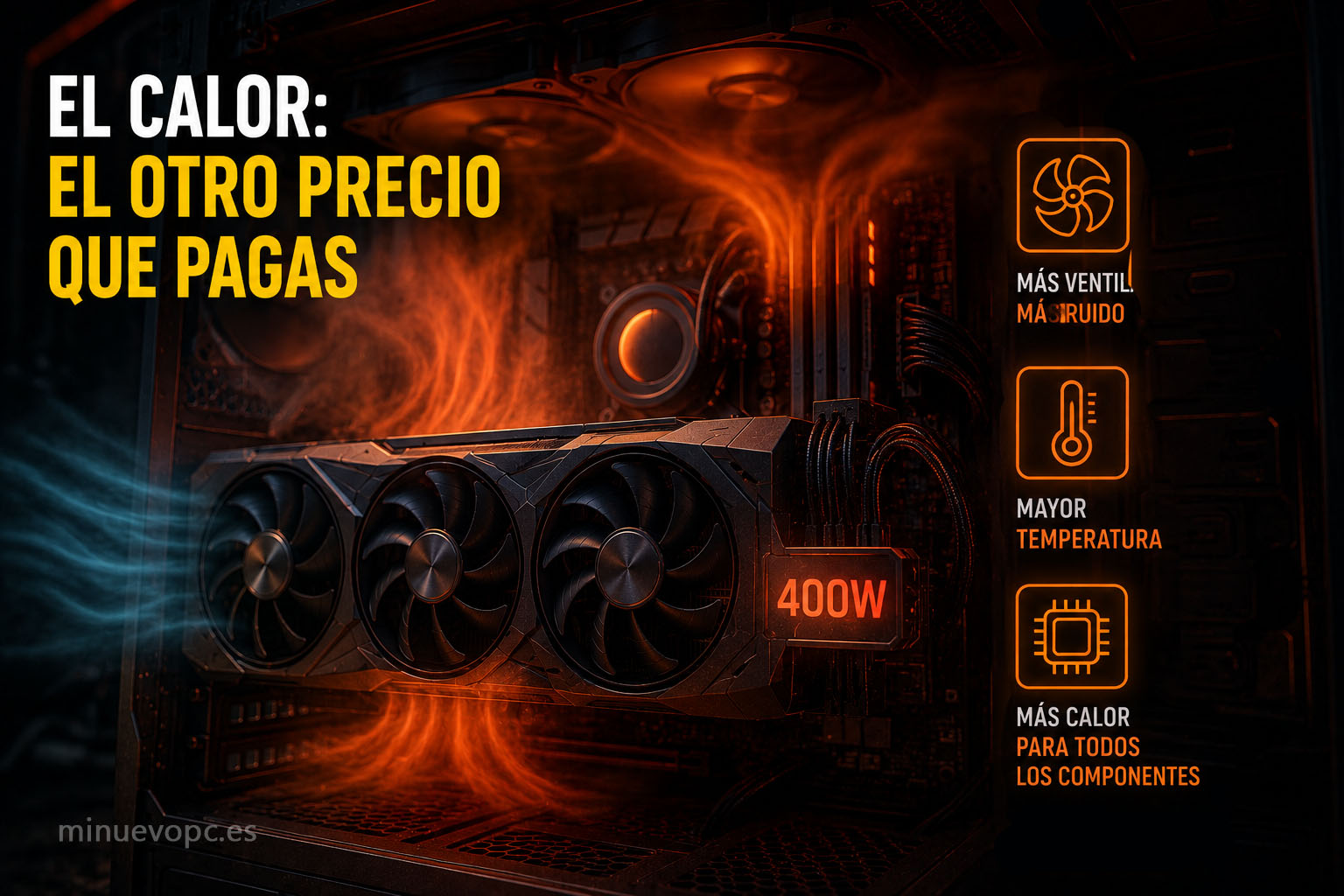 Interior de un PC con una tarjeta gráfica expulsando calor y flujo de aire, mostrando por qué una buena refrigeración mejora el rendimiento del sistema