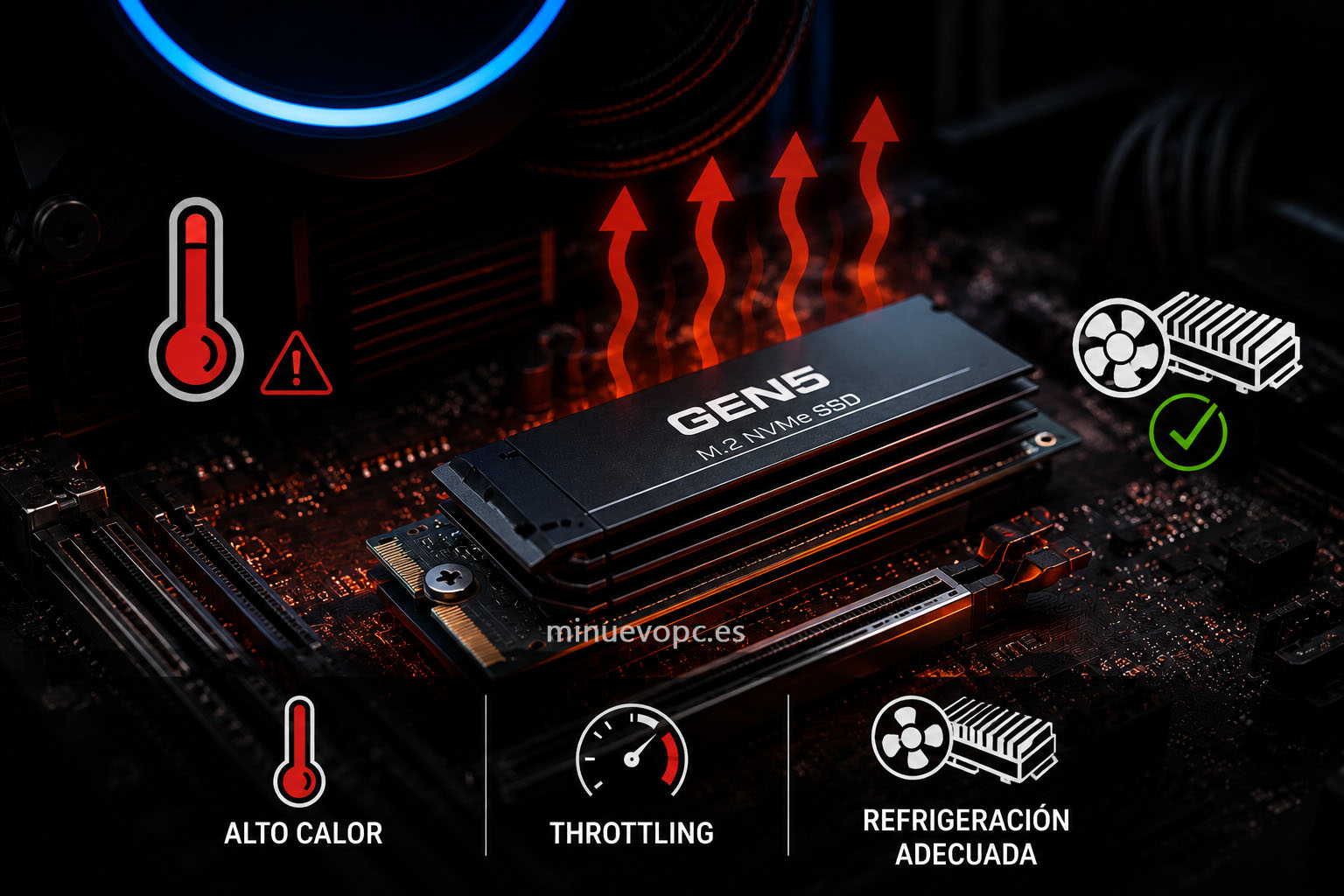SSD Gen5 con disipador mostrando la importancia de la refrigeración para evitar el throttling y mantener el rendimiento