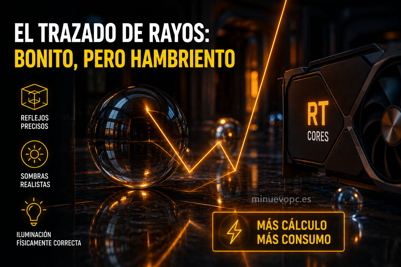 Escena de ray tracing con reflejos realistas y una tarjeta gráfica mostrando el elevado consumo que exige esta tecnología en juegos actuales