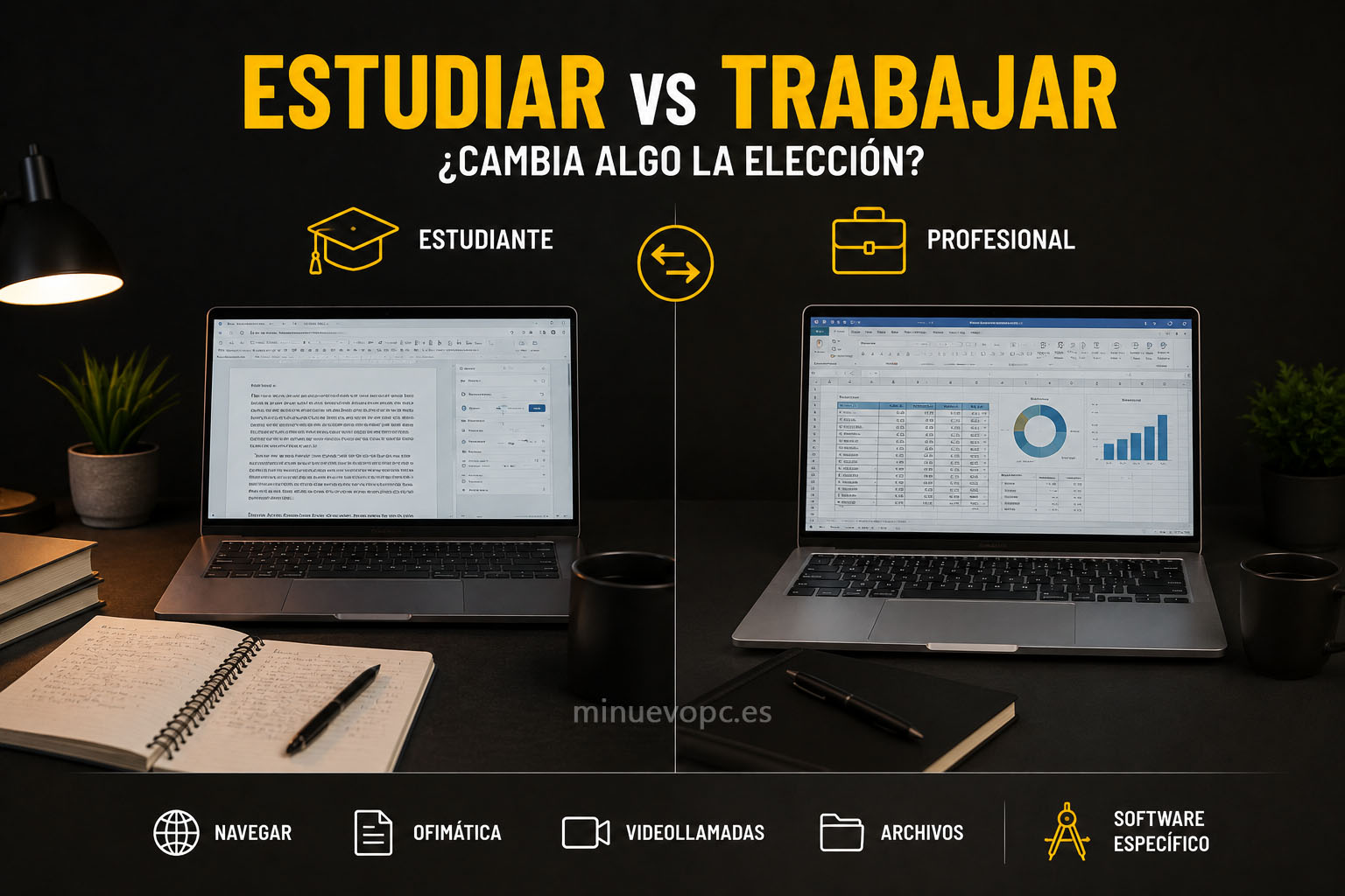 Dos espacios de trabajo enfrentados muestran las diferencias entre usar un portátil para estudiar o para trabajar y cuándo merece invertir en más potencia