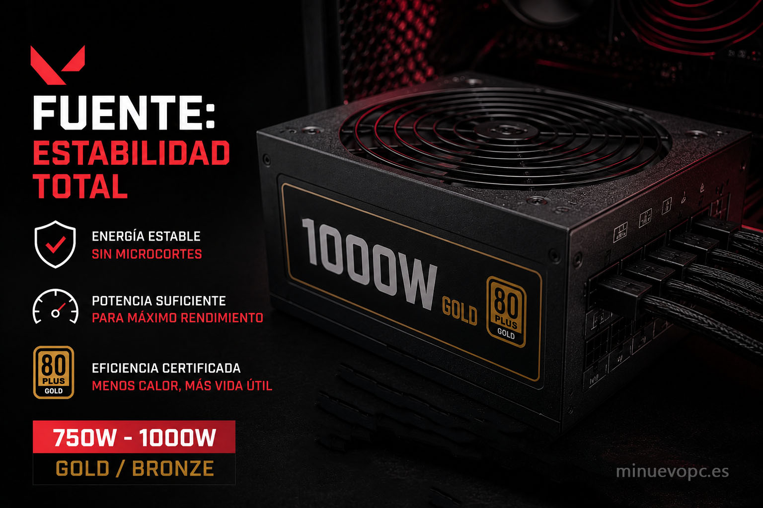 Fuente de alimentación modular con certificación Gold y cables de alta calidad destacando la estabilidad y eficiencia de un PC gaming