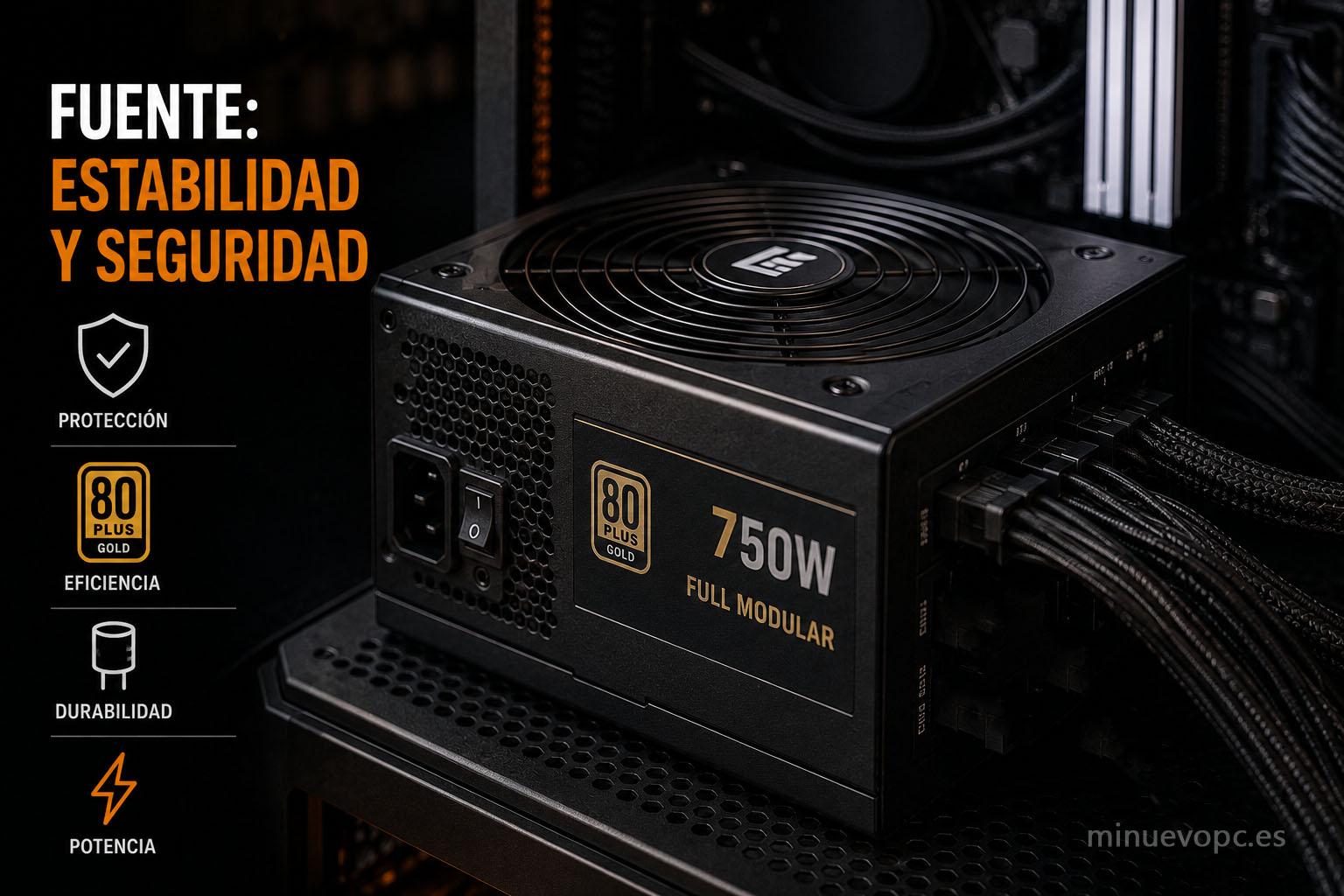 Fuente de alimentación modular 80 Plus Gold destacando eficiencia y estabilidad