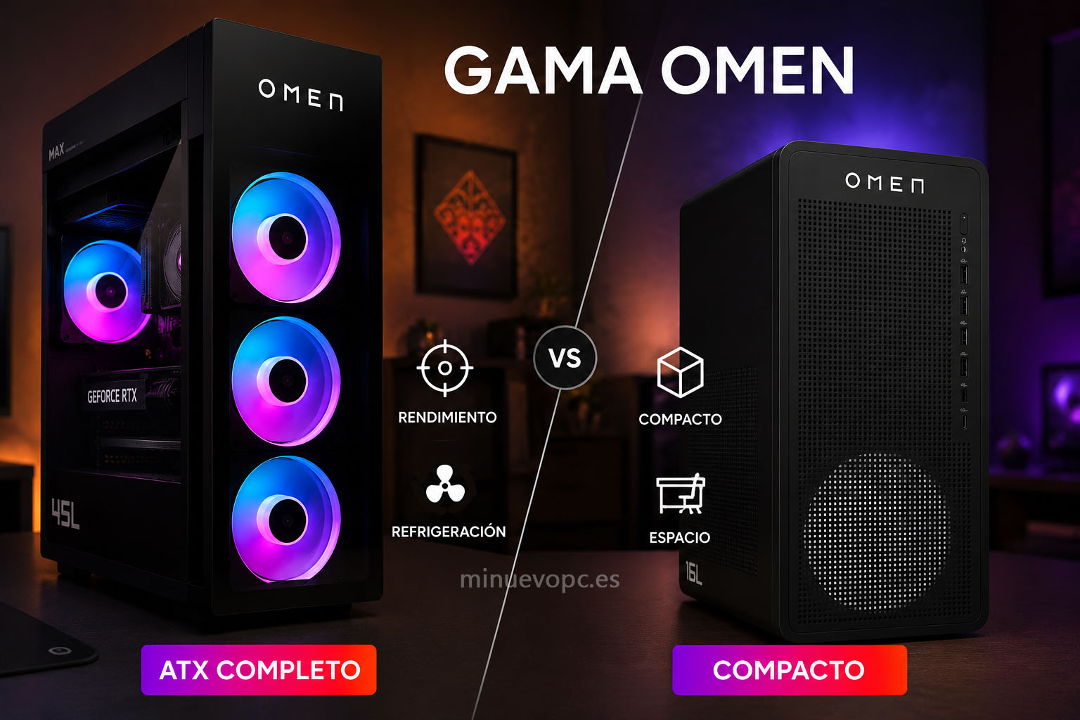 Comparativa entre el HP Omen compacto y el modelo ATX de mayor tamaño mostrando sus diferentes formatos y diseño de chasis gaming
