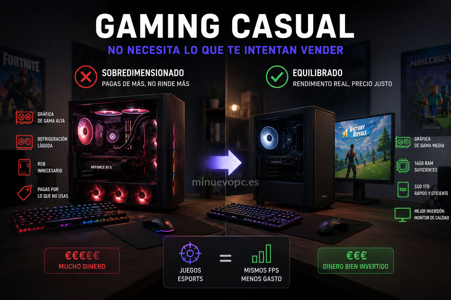 Comparativa entre un ordenador equilibrado y otro sobredimensionado para mostrar que un adolescente no necesita el PC más caro para jugar