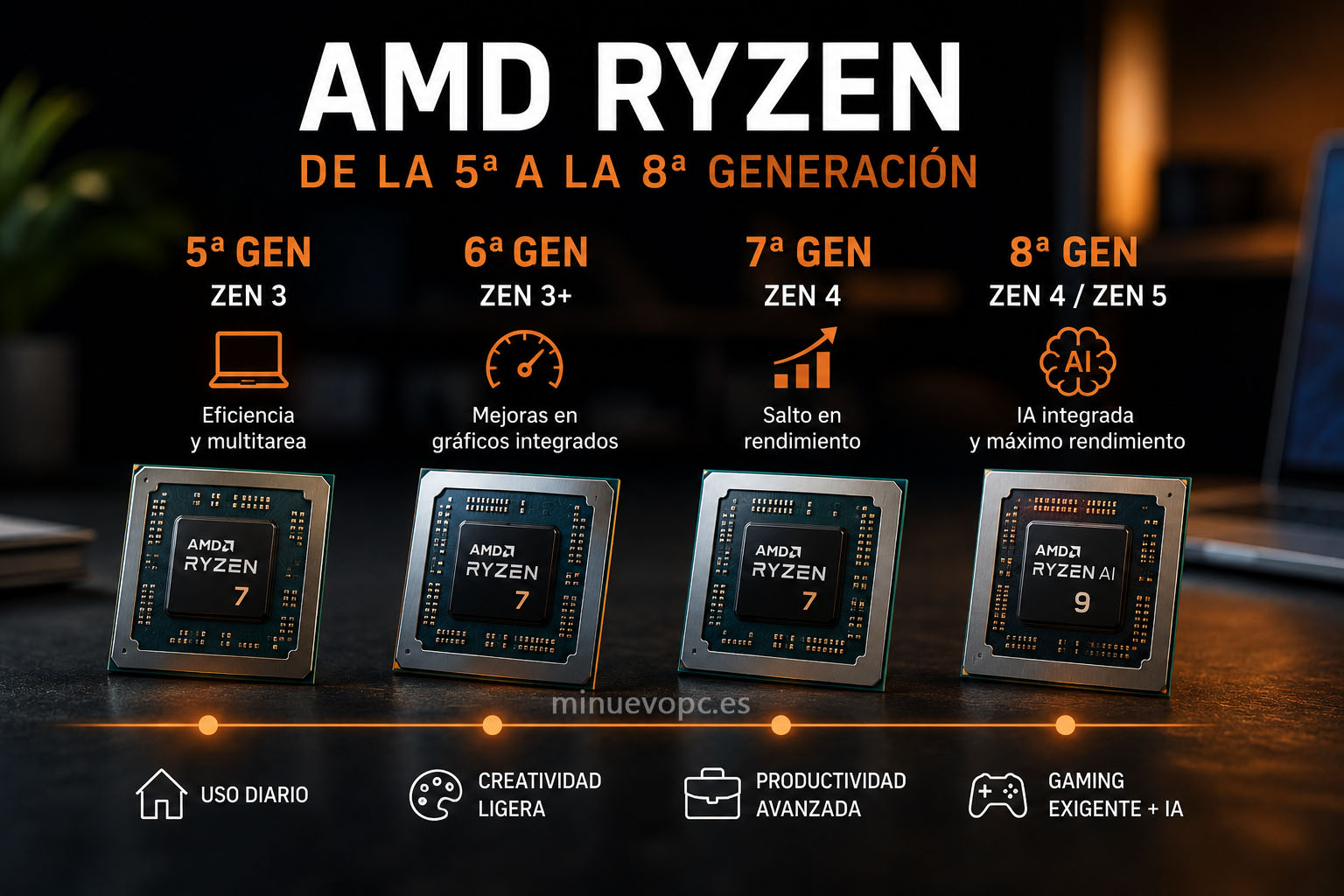 Comparativa visual entre generaciones AMD Ryzen para portátiles mostrando la evolución del rendimiento, la eficiencia y las funciones de inteligencia artificial