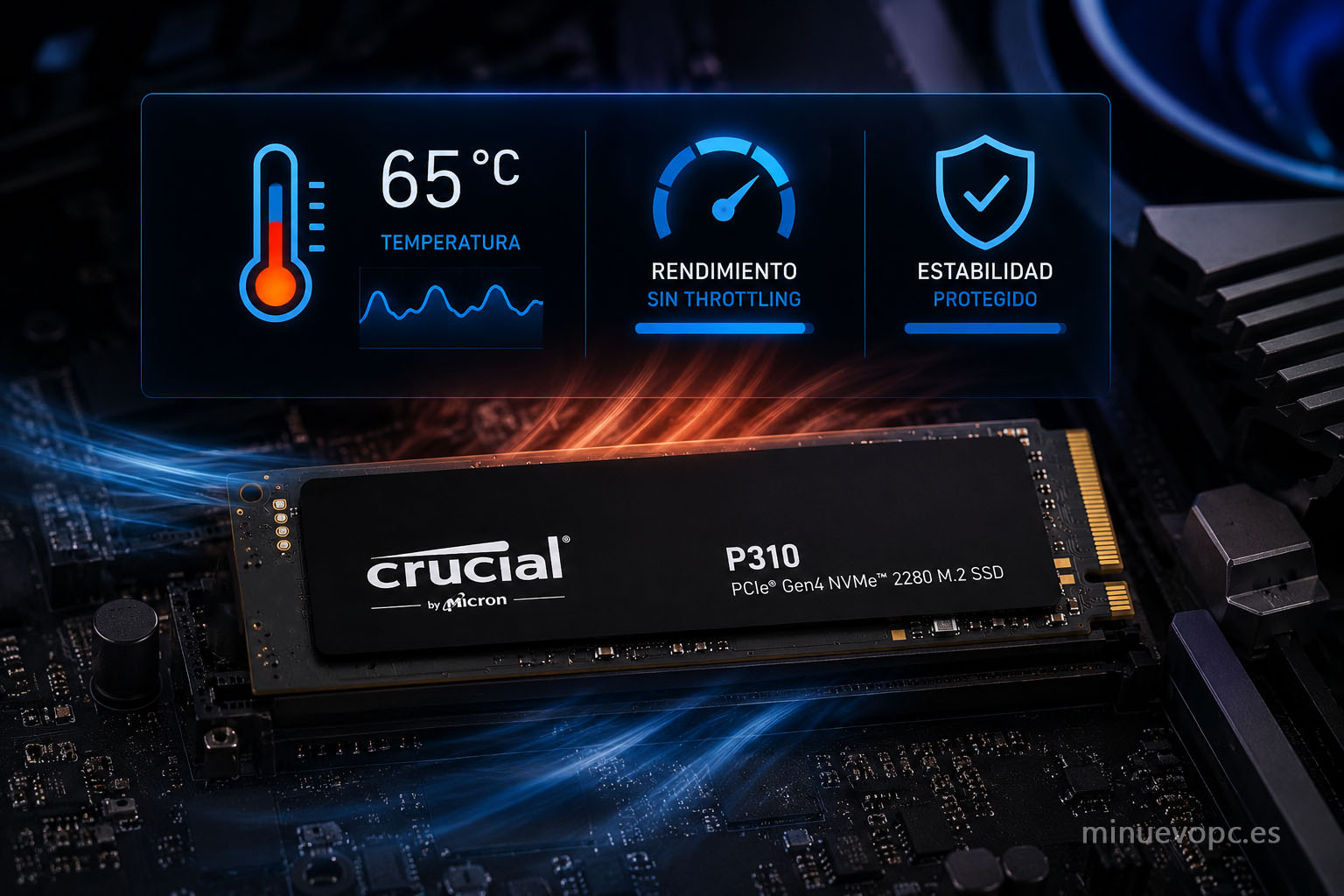 Gestión térmica de un SSD NVMe con control de temperatura para evitar el throttling y mantener un rendimiento estable en cargas largas