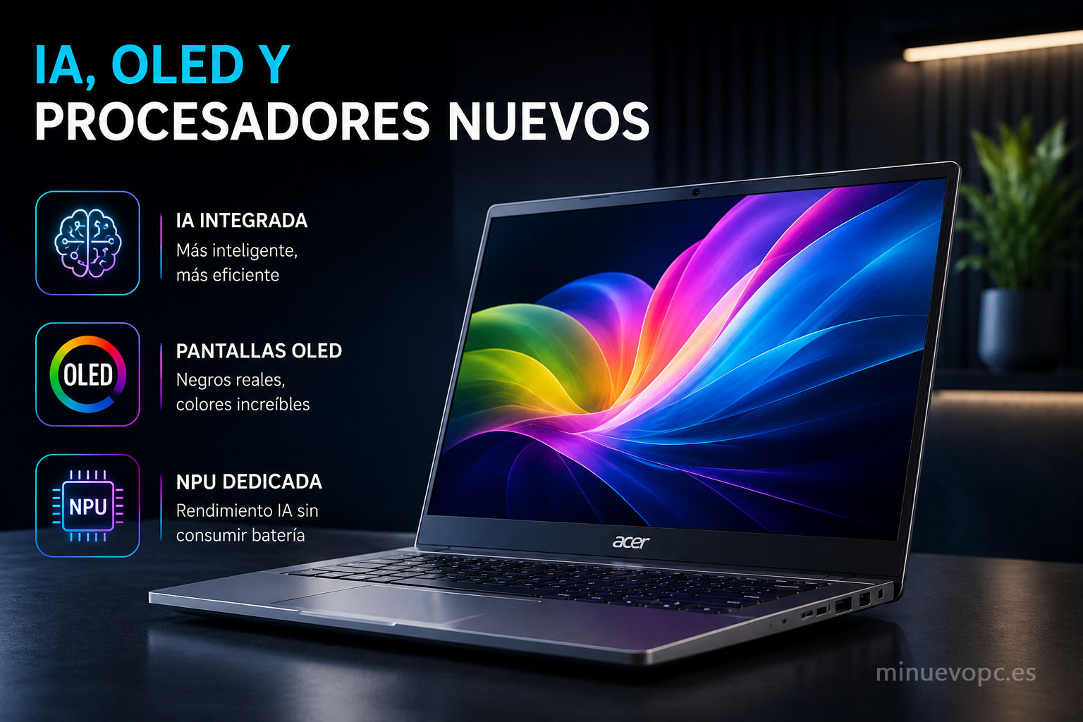 Portátil Acer moderno con pantalla OLED, procesador con IA y gráficos que representan las principales novedades antes de comprar un portátil Acer