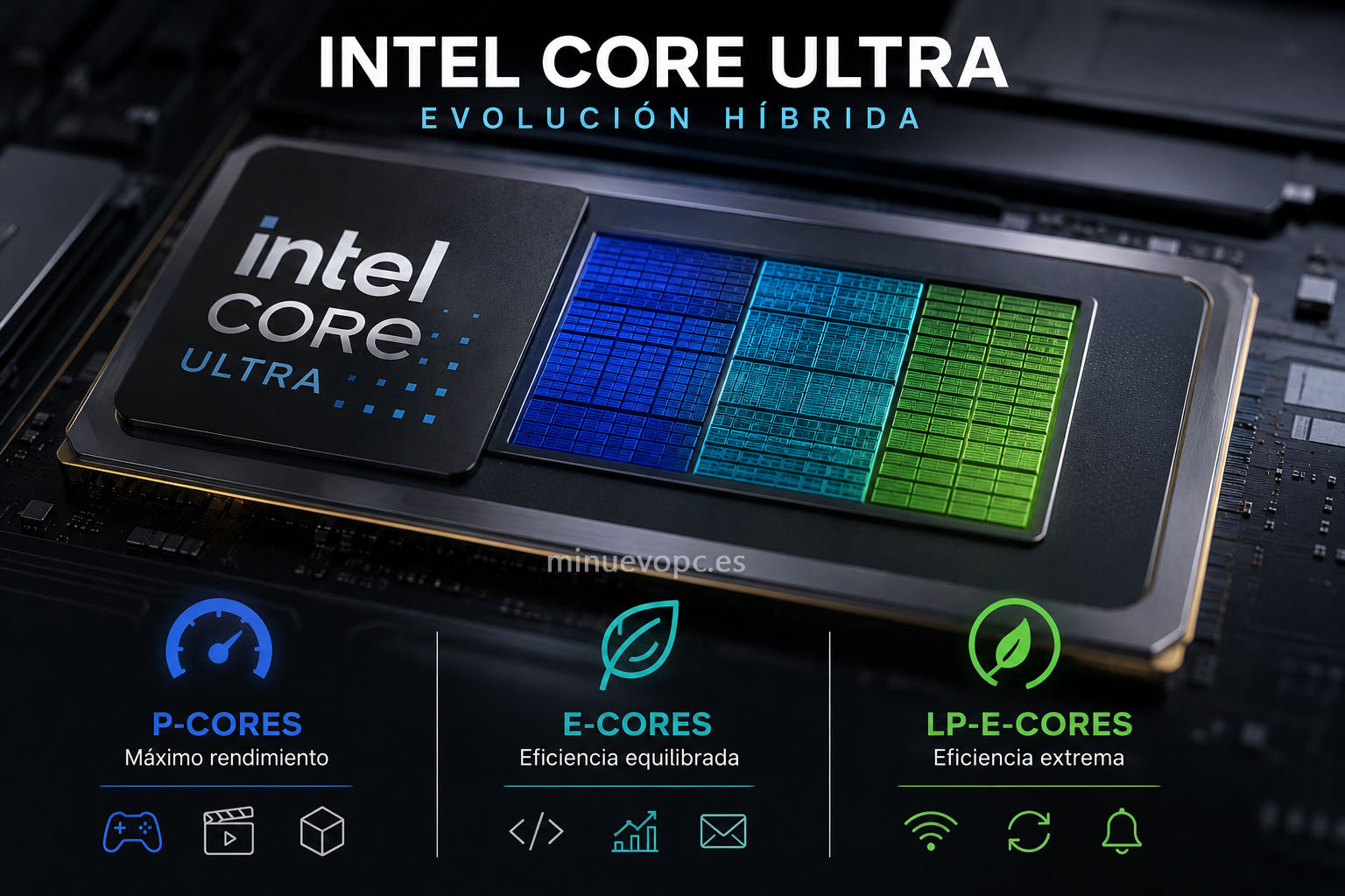Intel Core Ultra representa la evolución de la arquitectura híbrida con P-Core, E-Core y LP-E-Core para equilibrar rendimiento, eficiencia y consumo