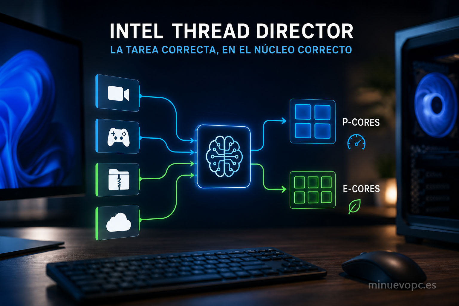 Escena de escritorio donde Intel Thread Director distribuye automáticamente tareas entre P-Core y E-Core para mejorar rendimiento y eficiencia en Windows