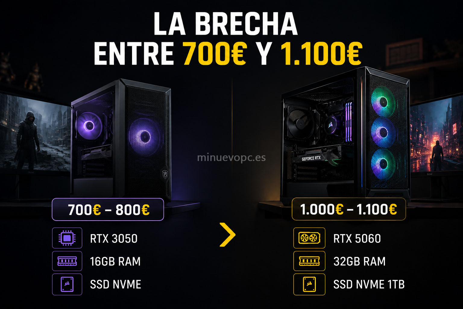 Comparativa visual entre dos PCs gaming de distinto presupuesto mostrando las diferencias de GPU, memoria y almacenamiento antes de comprar