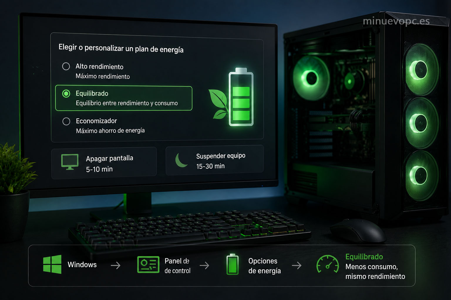 Configuración de energía de Windows con perfil equilibrado para reducir el consumo del ordenador sin perder rendimiento en el uso diario