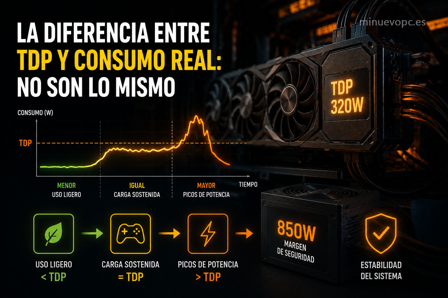 Gráfico con una GPU, el valor TDP y los picos de consumo real para entender cómo elegir una fuente de alimentación con mejor calidad precio