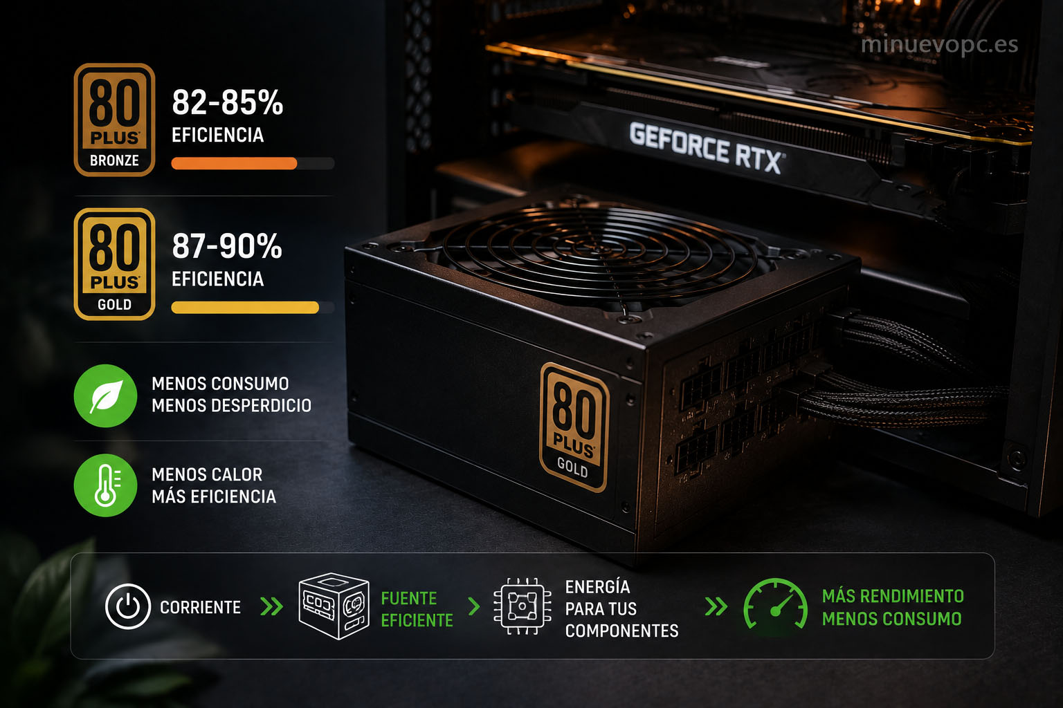 Fuente de alimentación eficiente con certificación 80 Plus mostrando cómo reducir el consumo eléctrico del PC y mejorar la eficiencia energética