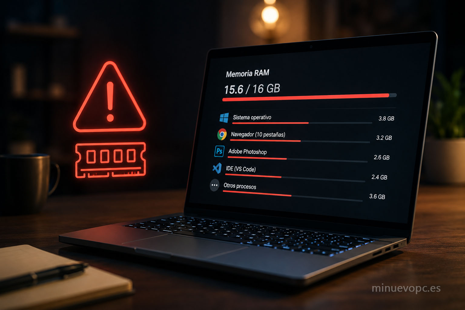 Indicador de memoria casi llena mientras varias aplicaciones permanecen abiertas, mostrando las limitaciones de trabajar con poca RAM en tareas exigentes