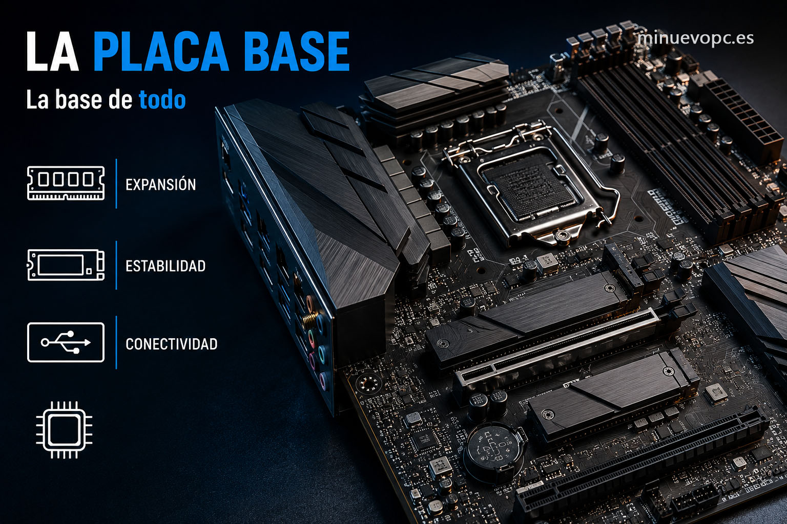 Primer plano de una placa base moderna con iconos de expansión, estabilidad y conectividad para entender qué aporta este componente al comprar un PC gaming