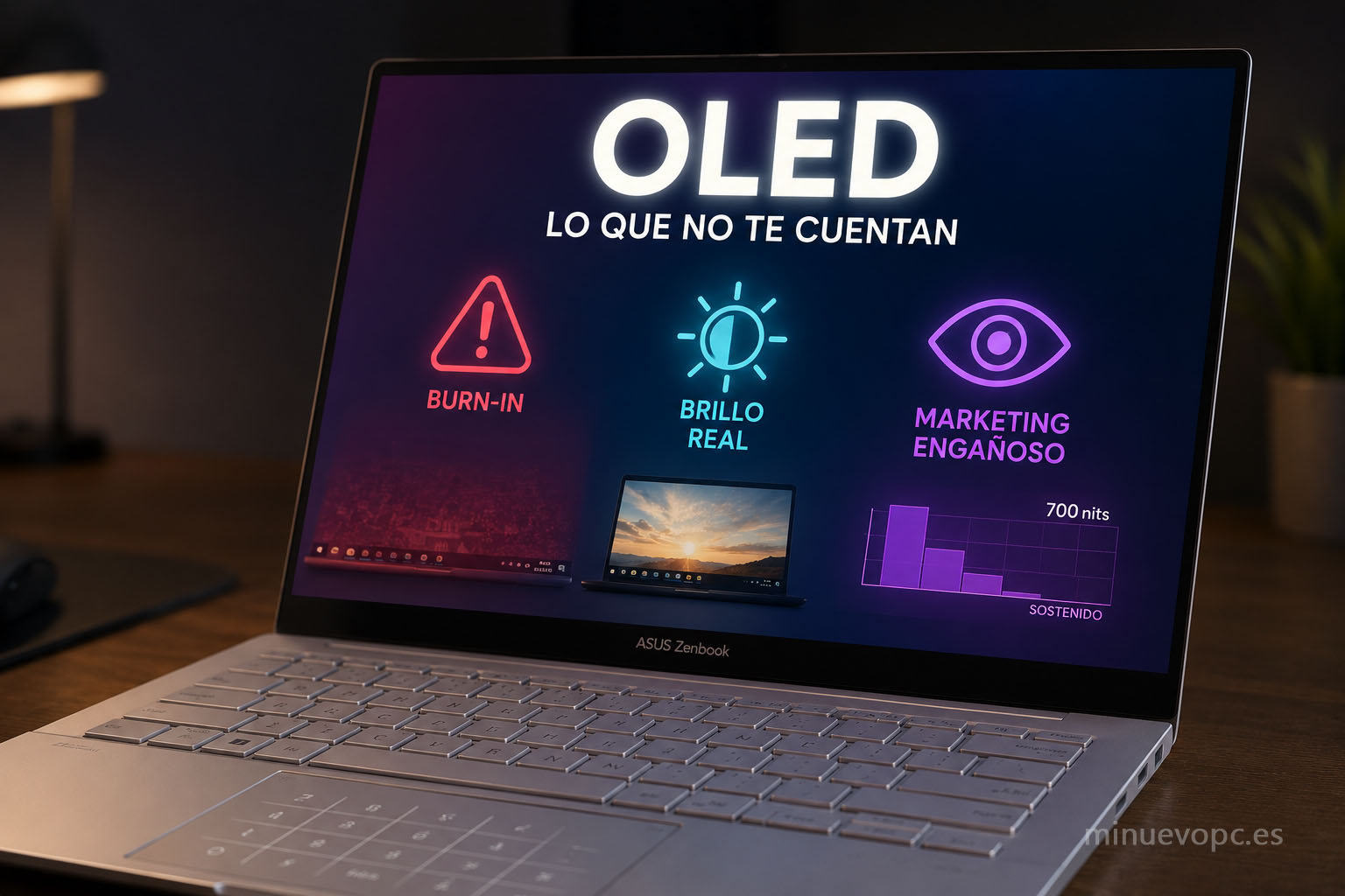 Portátil con pantalla OLED en uso, destacando posibles limitaciones como burn-in y nivel de brillo en diferentes condiciones de iluminación