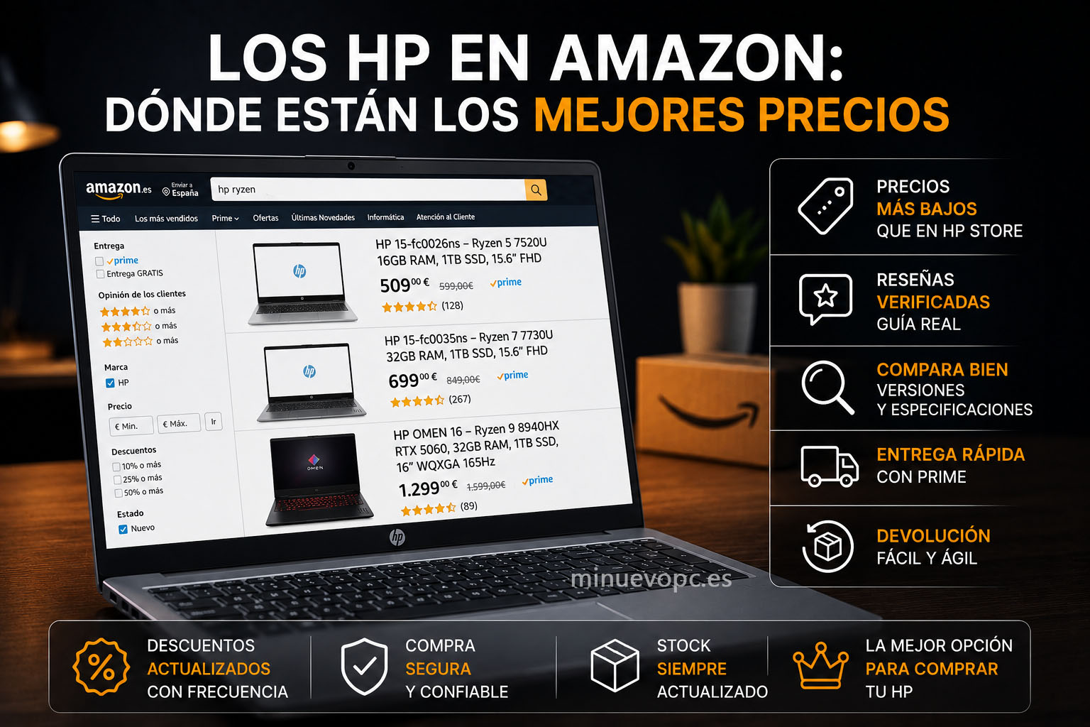 Portátil HP mostrando una búsqueda en Amazon con descuentos, reseñas y envío rápido para encontrar la mejor oferta con buena relación calidad precio