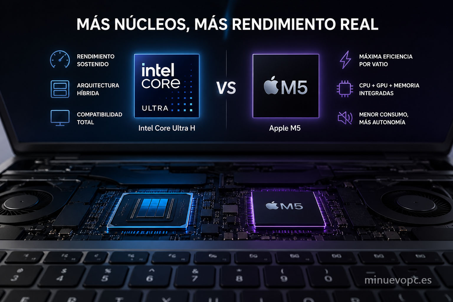 Comparativa visual entre Intel Core Ultra H y Apple M5 destacando la importancia de los núcleos para programación, edición y trabajo profesional