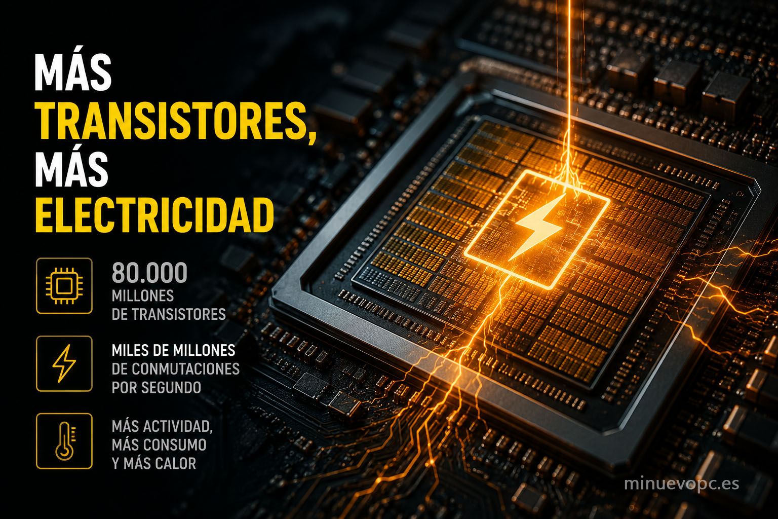 Detalle del chip de una GPU con millones de transistores representando cómo el aumento de potencia también incrementa el consumo y el calor generado