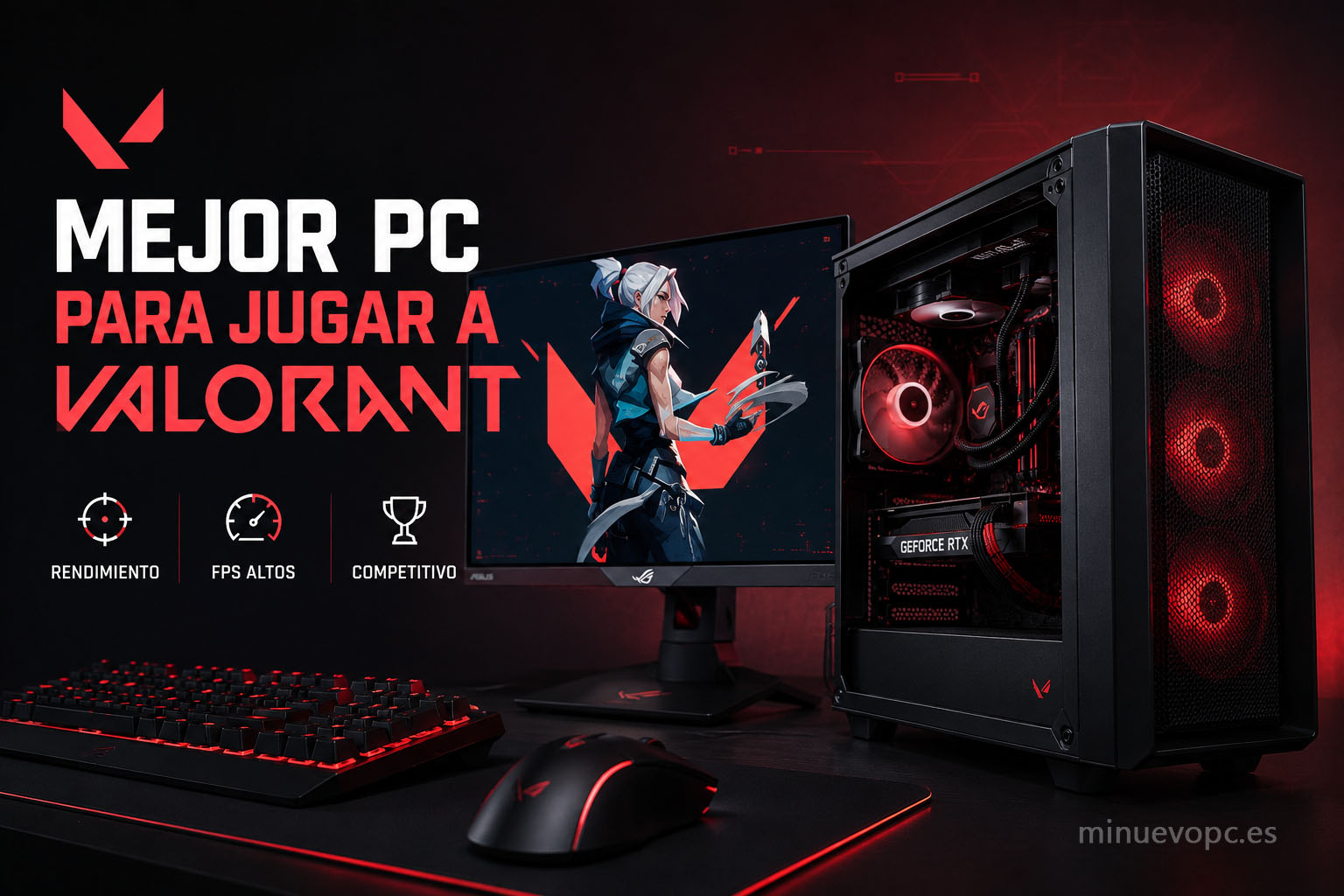 PC gaming con monitor mostrando Valorant y componentes de alto rendimiento, ideal para elegir el mejor PC para jugar a Valorant