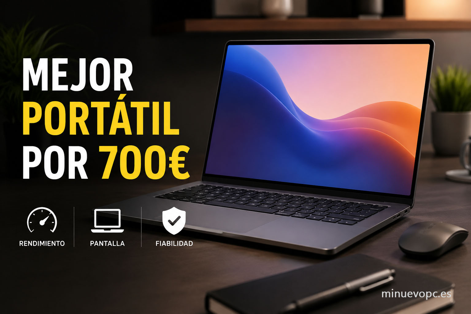 Portátil moderno sobre escritorio con diseño editorial que muestra qué ofrece el mejor portátil por 700€ y qué puedes esperar por este presupuesto