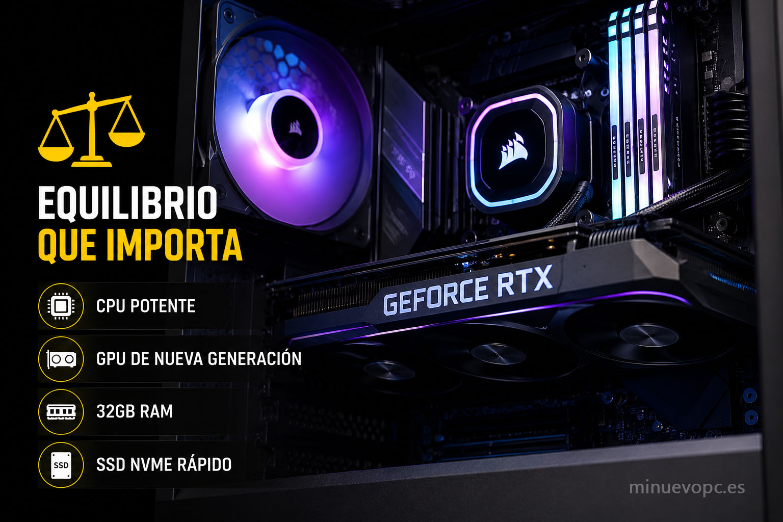 Torre gaming con iconos de GPU, procesador, RAM y SSD mostrando el equilibrio entre componentes que marca una buena relación calidad-precio
