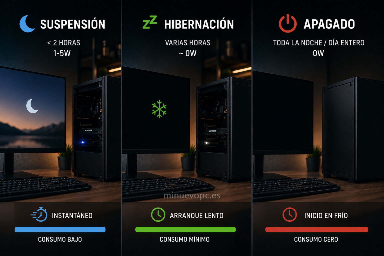 Comparativa entre suspensión, hibernación y apagado para ahorrar energía y elegir el mejor modo según el tiempo que no uses el ordenador