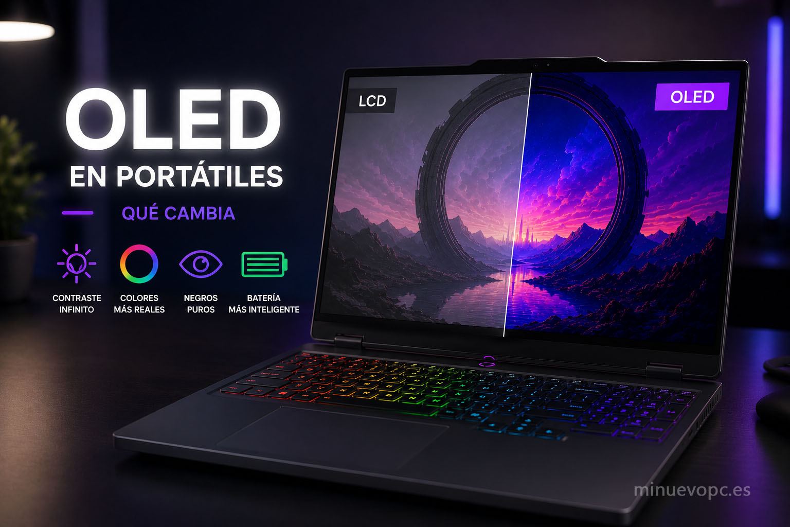 Portátil OLED con pantalla de alto contraste mostrando negros profundos y colores intensos, comparativa frente a un panel LCD para elegir la mejor opción según el uso