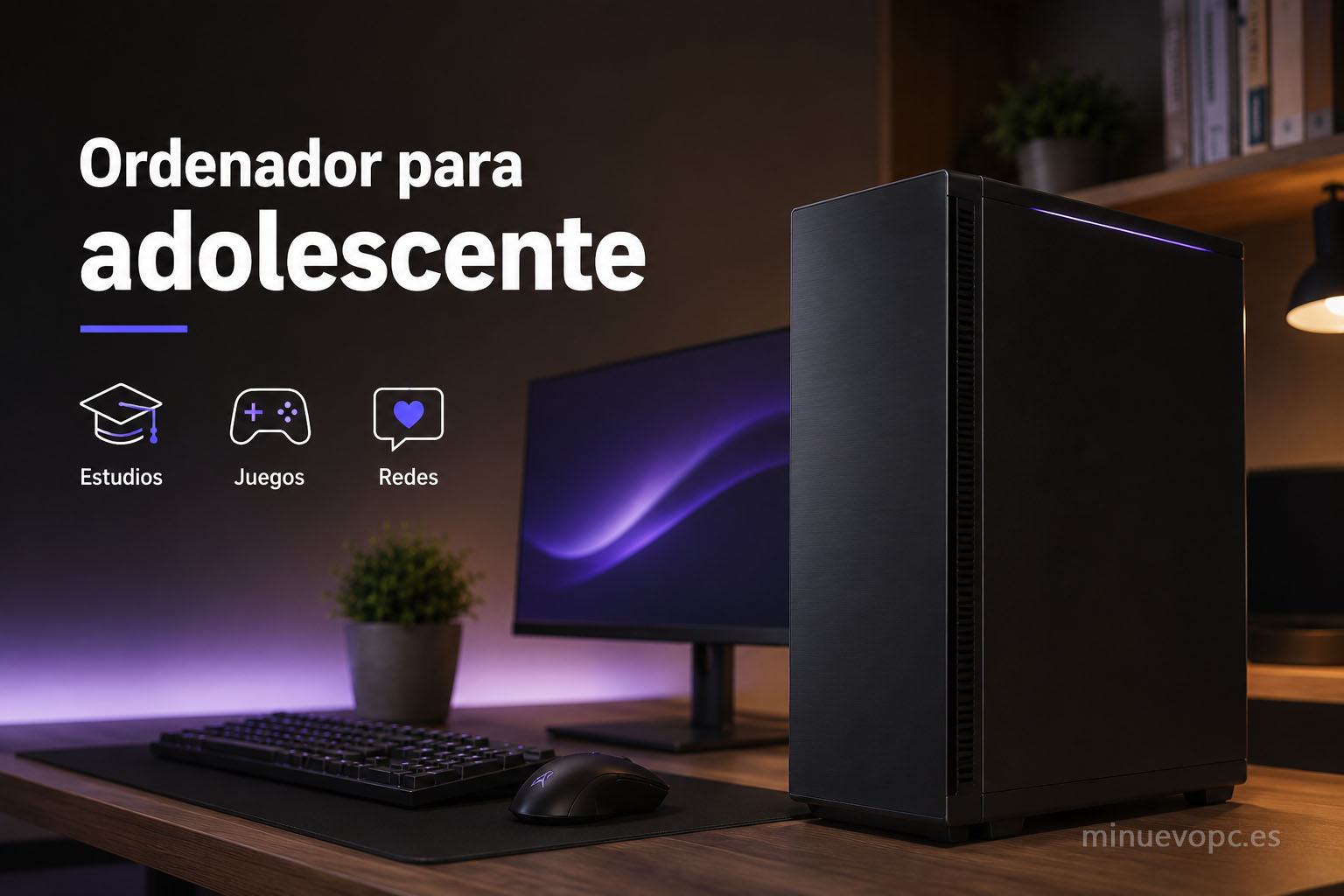 Ordenador para adolescente con torre gaming discreta y monitor moderno, una opción equilibrada para comprar un PC de calidad precio para estudiar y jugar