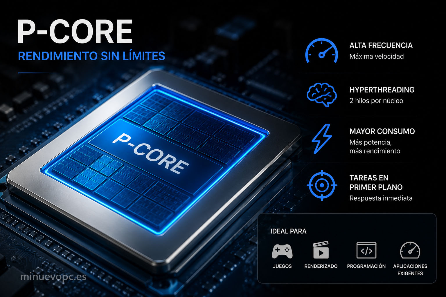 Detalle de un procesador Intel mostrando el protagonismo de los P-Core para juegos, edición, renderizado y otras tareas que necesitan máximo rendimiento