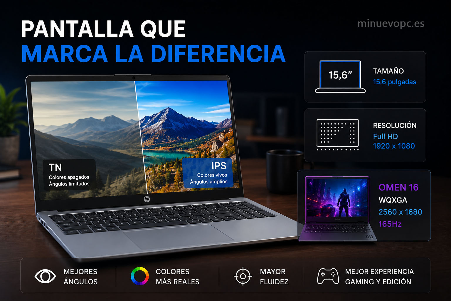 Pantalla de portátil HP comparando panel IPS y TN con colores vivos y alta resolución para entender qué opción ofrece mejor calidad de imagen
