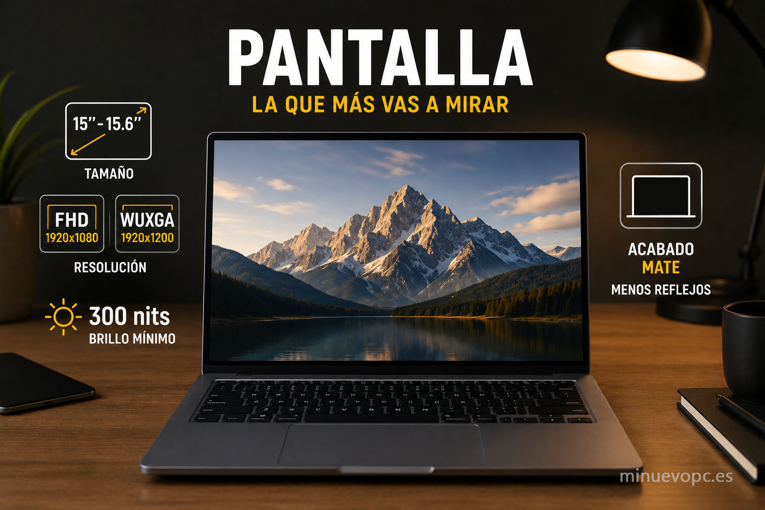 Pantalla de un portátil con indicadores de resolución, brillo y acabado mate para elegir una experiencia visual más cómoda durante horas