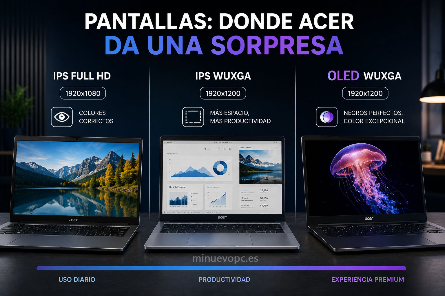 Detalle de la pantalla de un portátil Acer mostrando la diferencia entre panel IPS y OLED con colores intensos y alta calidad de imagen