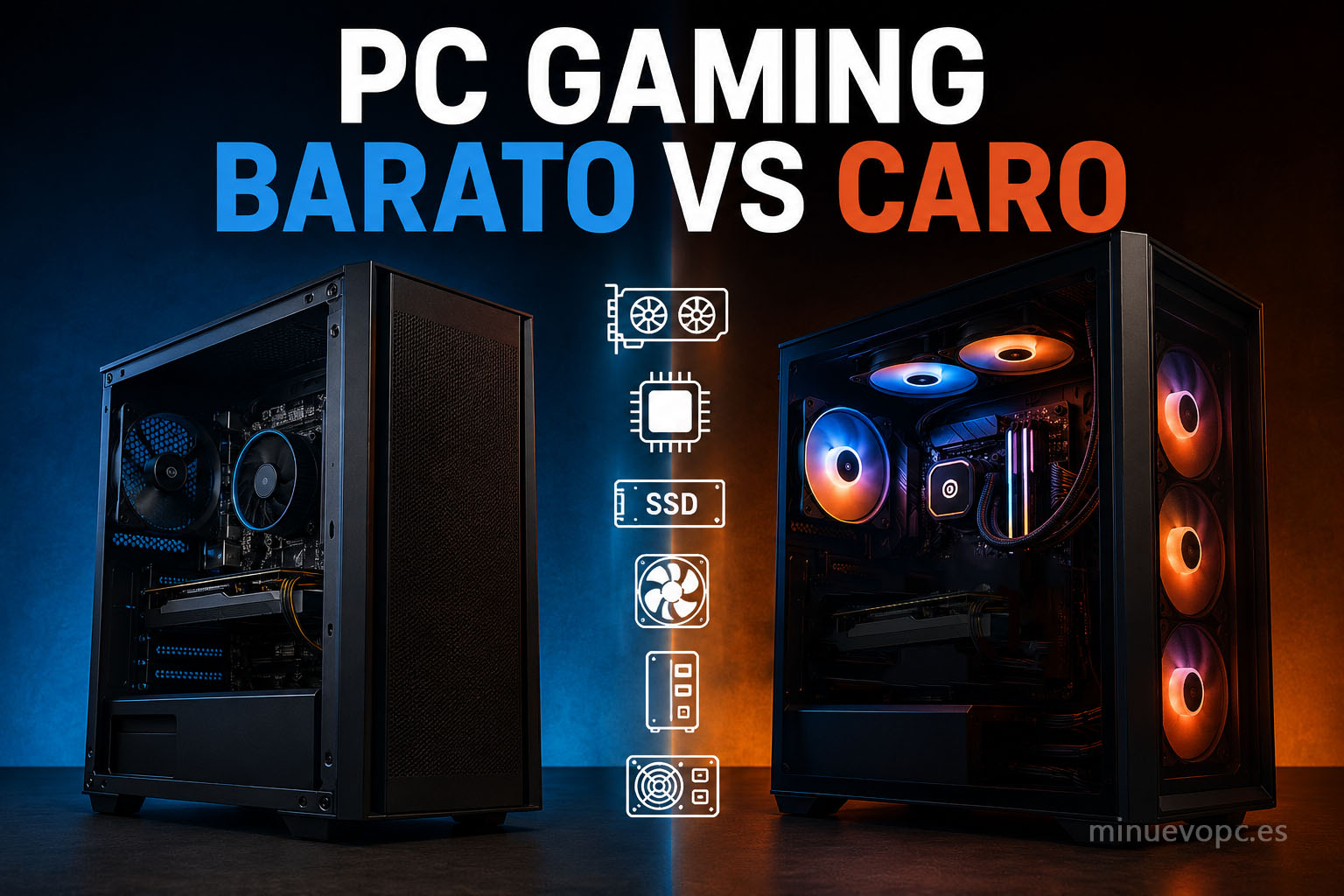Comparativa entre un PC gaming barato y otro caro mostrando las diferencias de componentes y calidad para elegir la mejor relación calidad precio