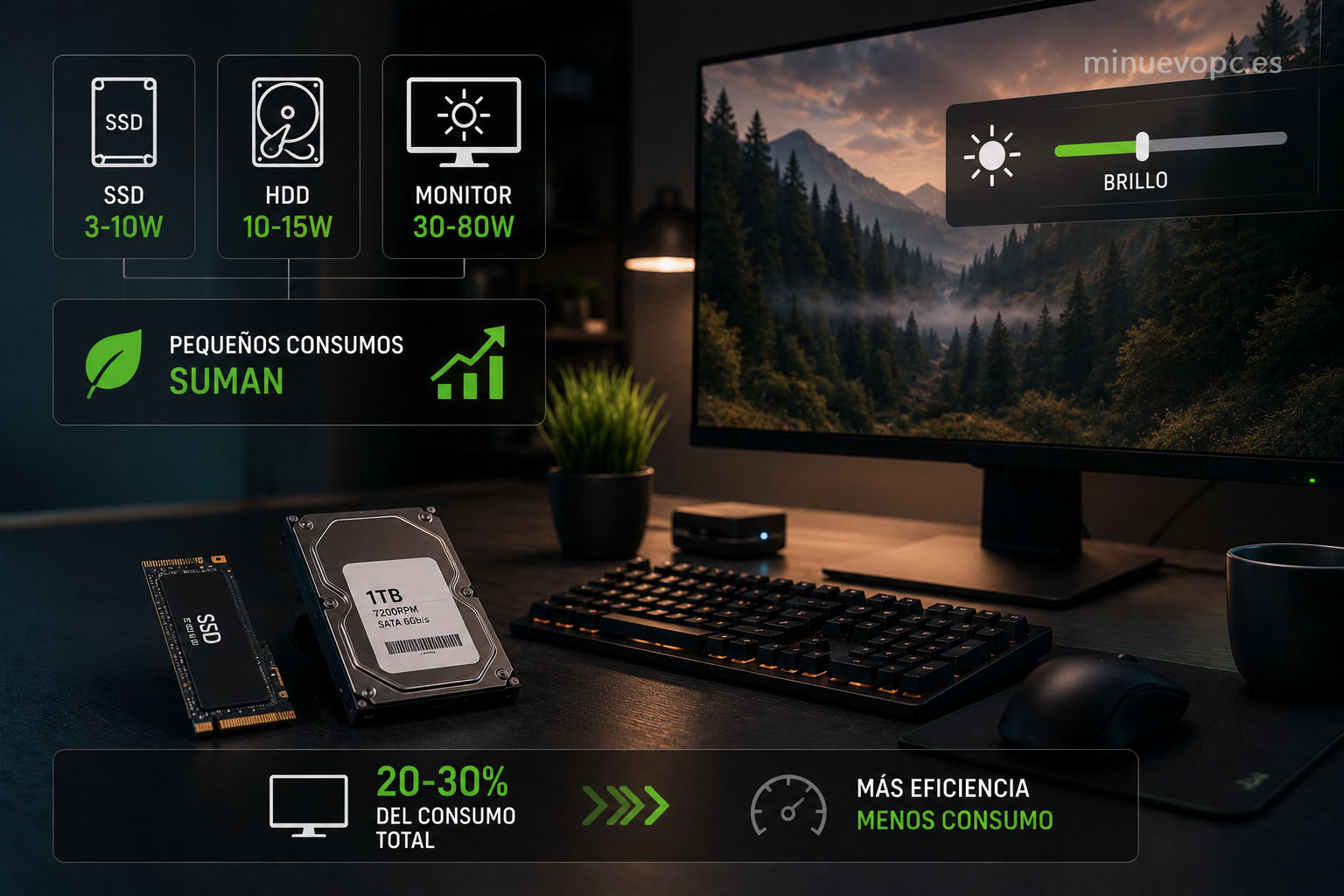 SSD NVMe, monitor y periféricos en un escritorio eficiente mostrando cómo pequeños ajustes ayudan a reducir el consumo eléctrico del PC