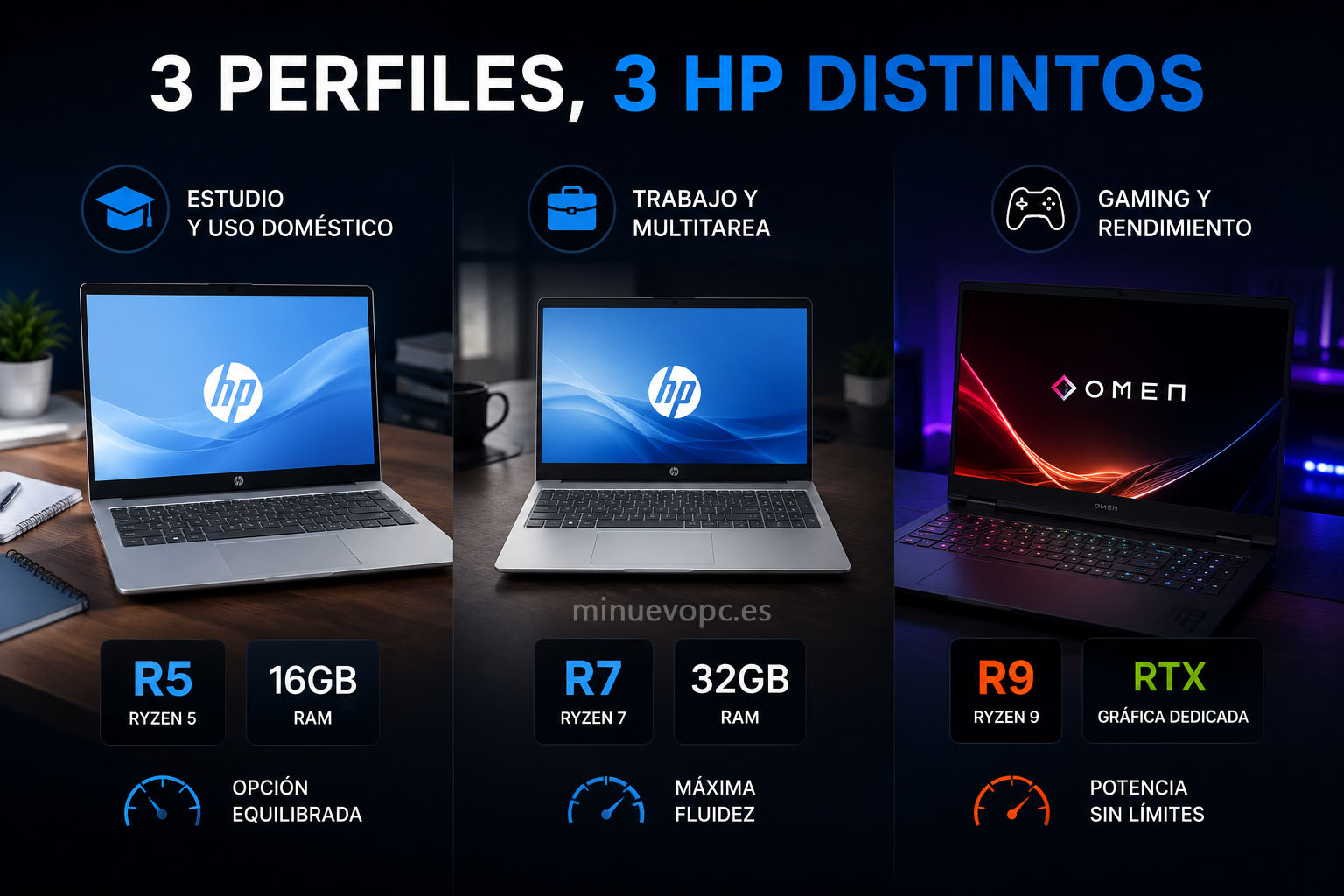 Comparativa visual de tres portátiles HP para estudio, trabajo y gaming que ayuda a elegir el modelo más adecuado según el uso
