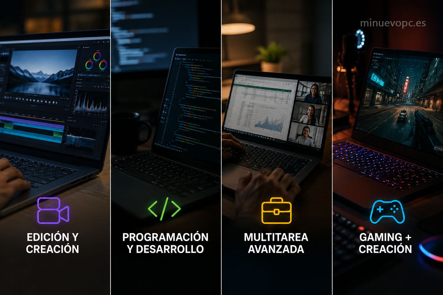 Espacio de trabajo con herramientas de edición, programación, multitarea y gaming que representan los usuarios que más aprovechan los 32 GB de RAM
