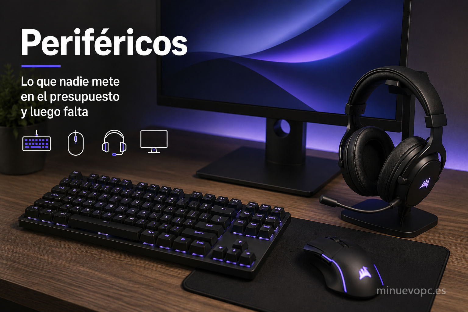 Escritorio con un ordenador de sobremesa equipado con monitor Full HD, teclado, ratón y auriculares con micrófono, los periféricos básicos necesarios para un PC para adolescente