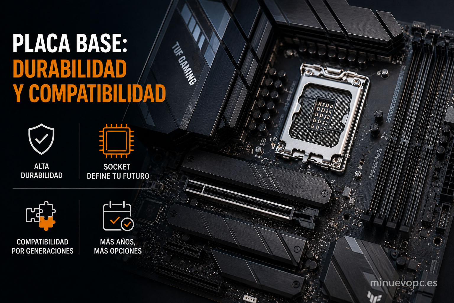 Placa base gaming moderna con socket de última generación destacando la importancia de la compatibilidad para futuras actualizaciones del PC