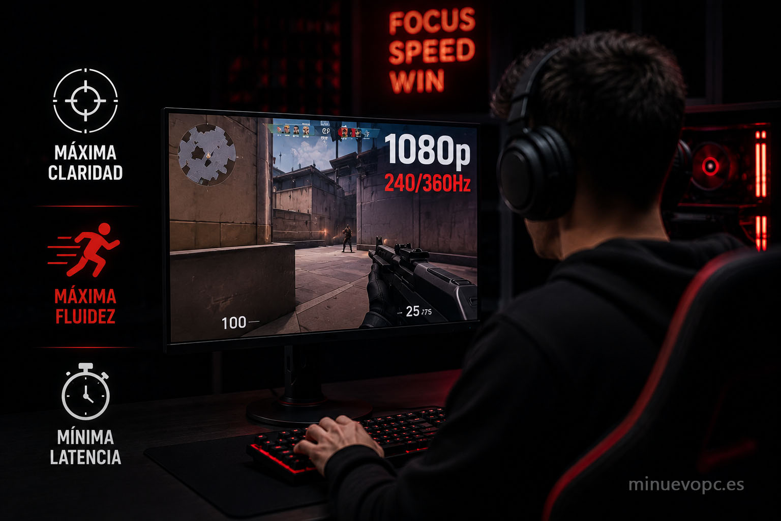 Jugador compitiendo en monitor 1080p de alta tasa de refresco donde la máxima fluidez y los FPS son la prioridad