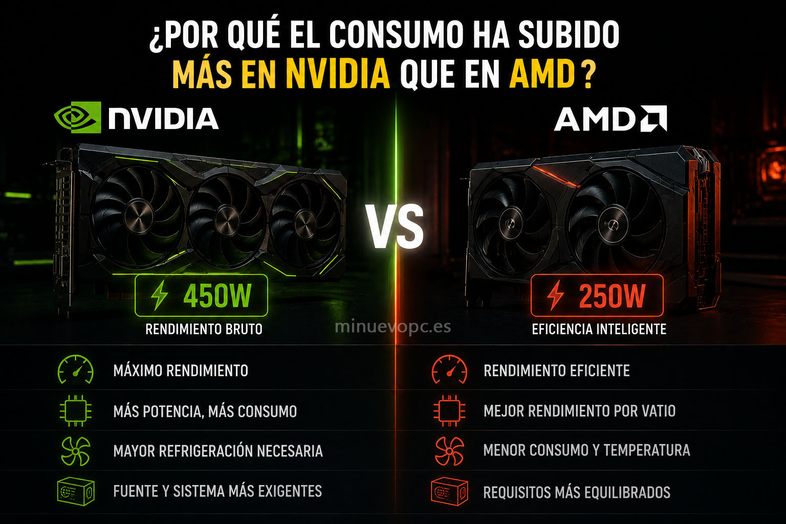 Comparativa entre tarjetas gráficas NVIDIA y AMD mostrando diferencias de consumo y eficiencia para comprar la opción que mejor se adapte a cada equipo