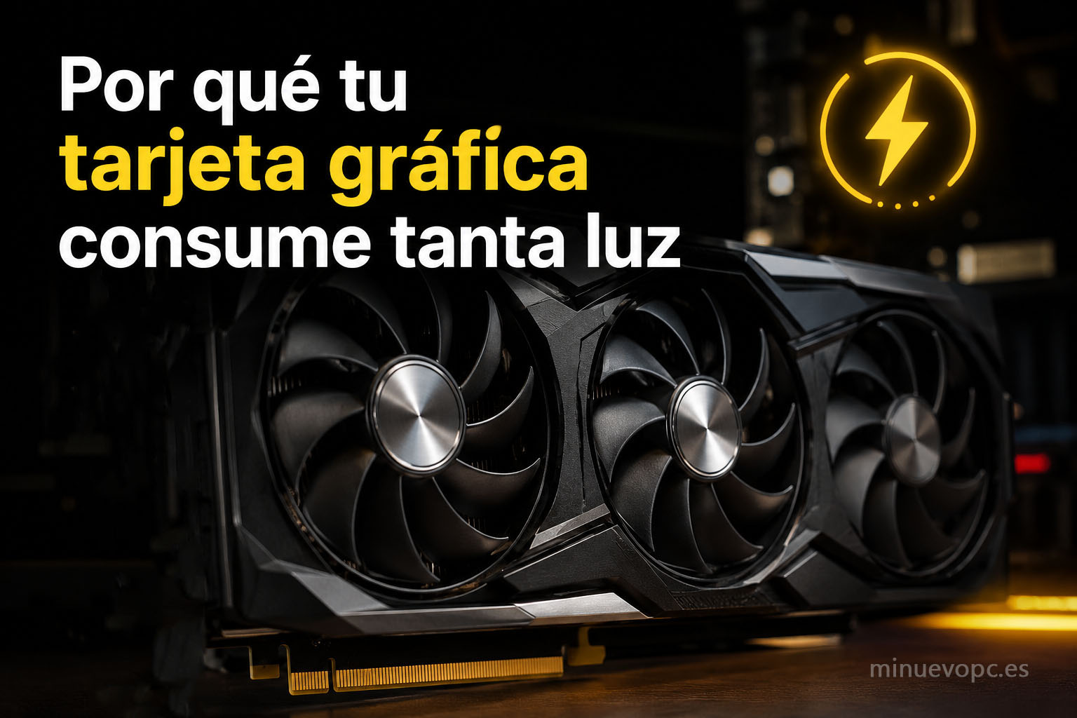 Primer plano de una tarjeta gráfica gaming iluminada con indicador de consumo eléctrico, ideal para entender por qué tu tarjeta gráfica consume tanta luz